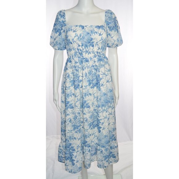 Sunday Up Dresses & Skirts - Sunday Up Birds & Flowers Smocked Short Puff Sleeve Midi Dress Blue/White Size S